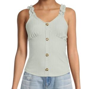 No Boundaries Ruffle Tank Juniors Rib Button Front Sage Girlie Bust Cup Size S
